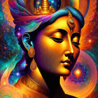 Colorful artwork featuring female figure with blue hair, golden skin, intricate jewelry, cosmic backdrop.