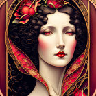 Illustration of woman with pale skin, dark curly hair, red lips, and roses in Art Nou