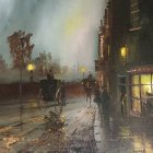 Victorian street scene with ornate clock towers and full moon in misty sky