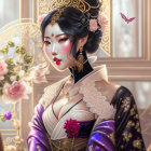 Illustrated portrait of woman in traditional Asian attire with flowers and butterfly.