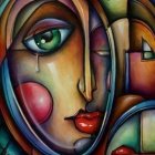 Colorful painting of woman's face with abstract circles showcasing detailed eye.