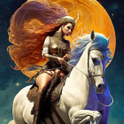 Warrior woman in ornate armor on white horse under dramatic sky