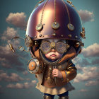 Child in Steampunk Outfit with Goggles and Bronze Helmet in 3D Illustration