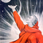 Vintage Sci-Fi Illustration: Woman in Red Space Uniform, Male Profile, Spaceship, Celestial