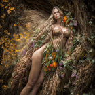 Woman with Long Wavy Hair Blending into Tree Trunk in Nature-Themed Outfit