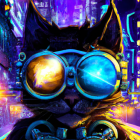 Steampunk cat with neon cityscape background