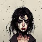 Sad child digital portrait with black tears and pendant in dark aesthetic