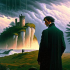 Man in coat gazes at stormy seascape with castle and figures.