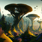 Mushroom-like Vegetation and Whimsical Flora in Alien Landscape