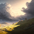 Verdant hills, dramatic clouds, glowing sunlight, distant castles in fantastical landscape