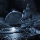 Tall ship sailing on turbulent sea at night under celestial body