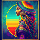 Colorful Woman Profile with Tropical Rainbow Circle