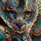 Intricate digital artwork: Layered feline faces in blue, orange, and brown