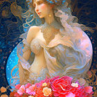 Illustration of woman with flowing hair and ornate jewelry among colorful flowers on blue background