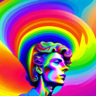 Colorful digital artwork: Person with multicolored waves on rainbow backdrop