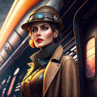 Steampunk woman in goggles hat by vintage train at dusk