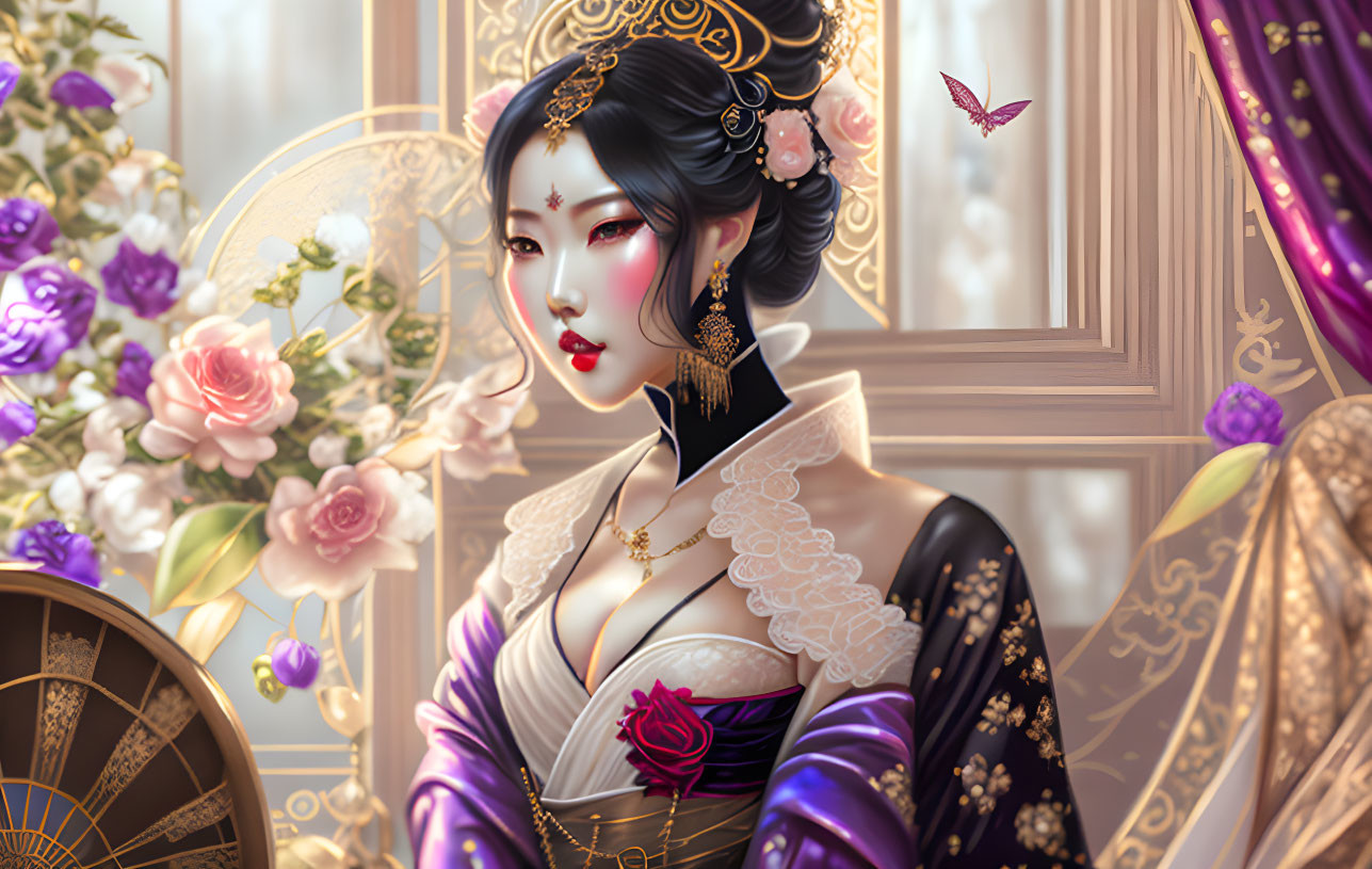 Illustrated portrait of woman in traditional Asian attire with flowers and butterfly.