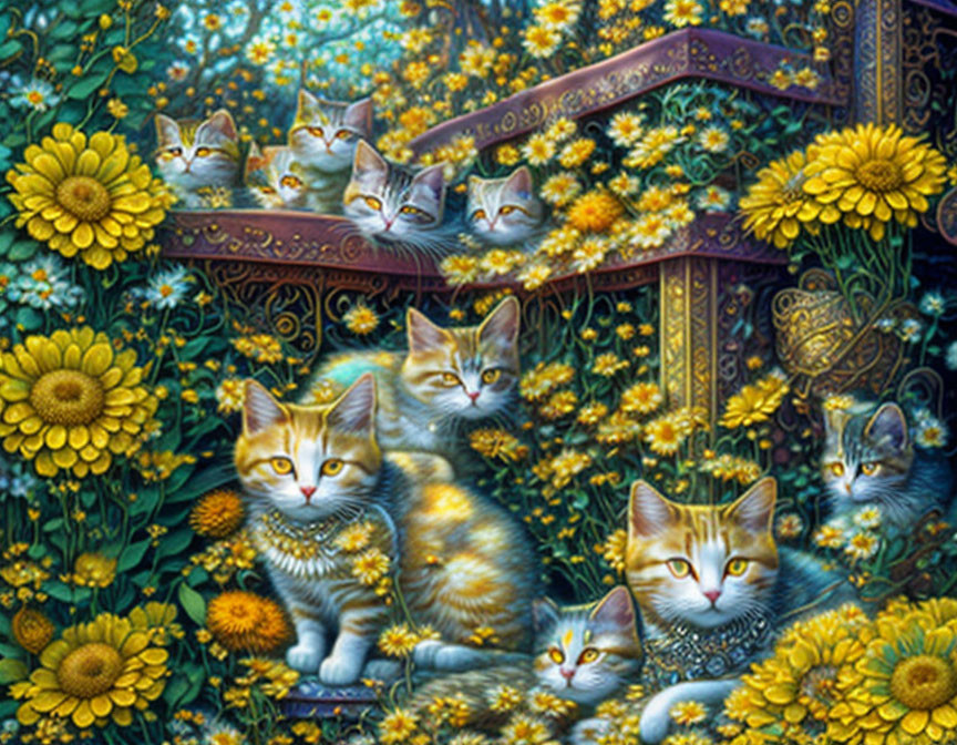 Detailed painting of cats among vibrant flowers and paisley motifs