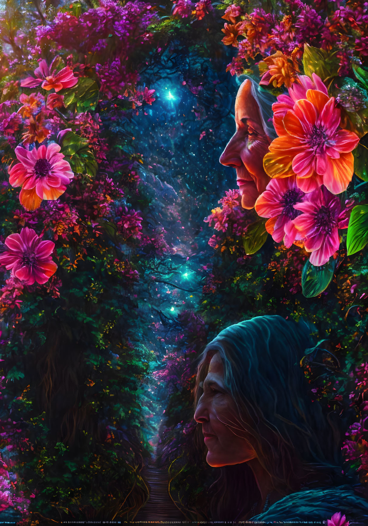 Ethereal portrait blending faces with vibrant floral path under starry sky