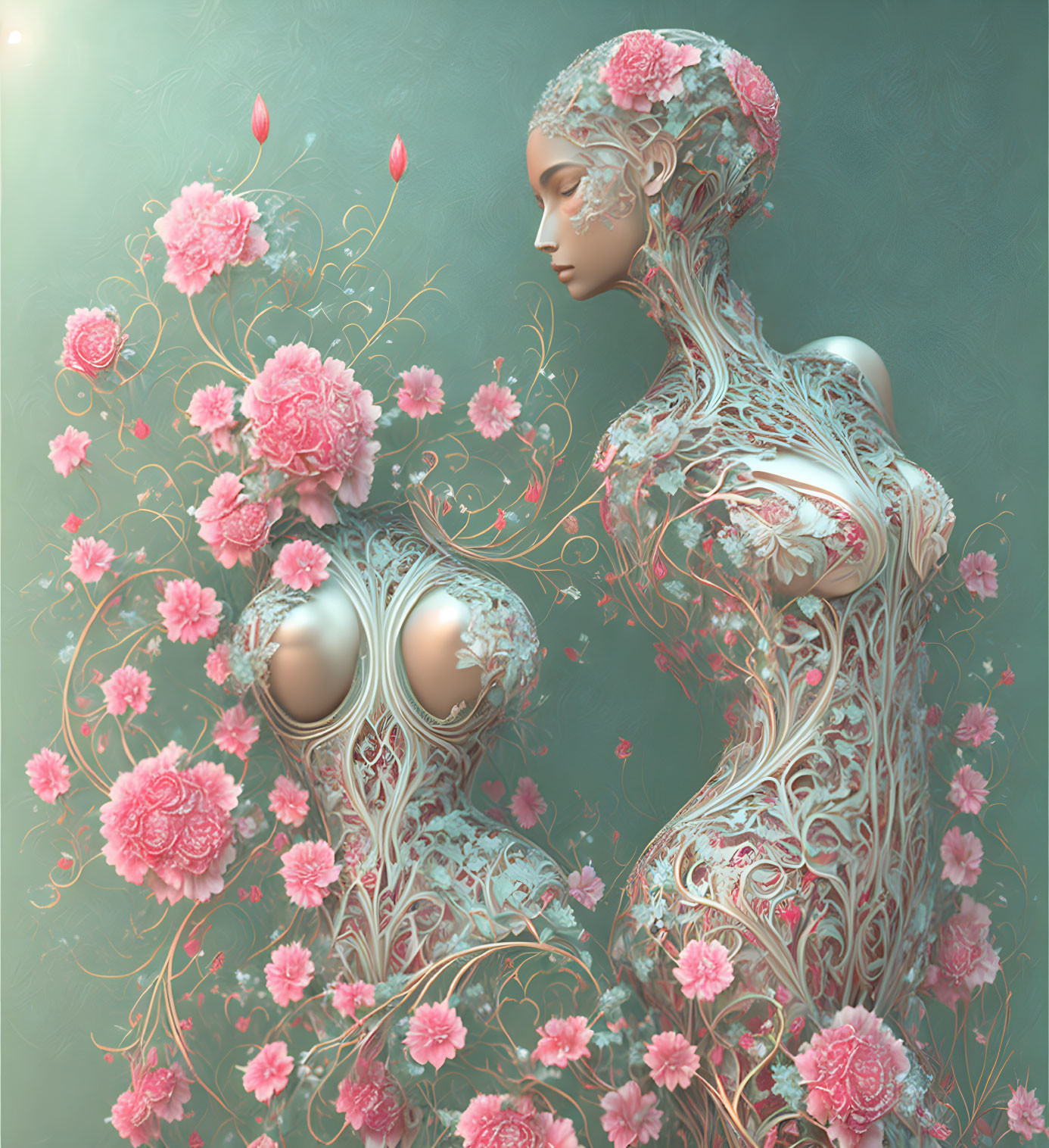 Surreal artwork of mirrored figures with floral details and pink roses on green background