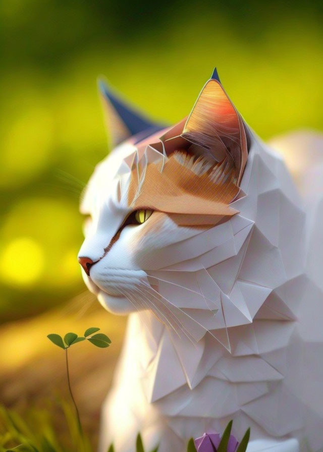 3D Origami Cat with Geometric Patterns and Leaves