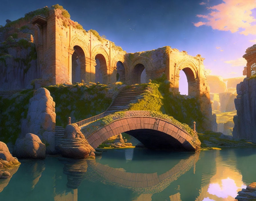 Stone bridge over tranquil river with ancient ruins and sunset sky