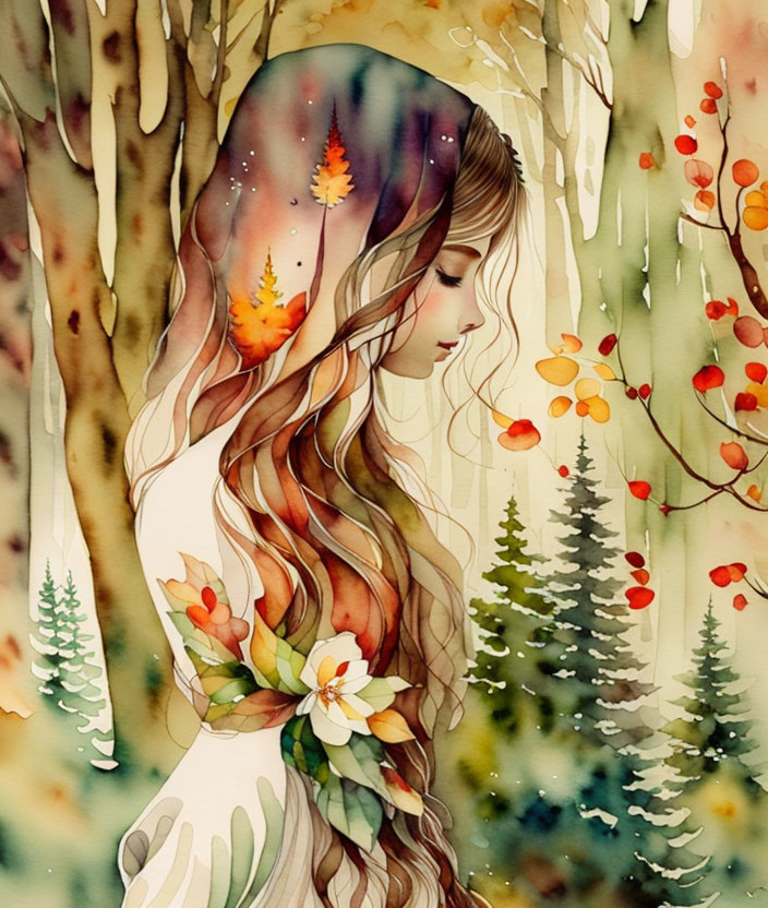 Illustration of woman with long hair blending into forest scene with seasonal elements.