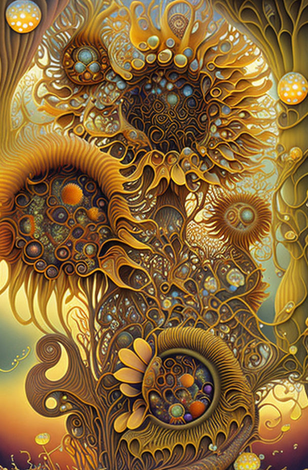 Vibrant psychedelic artwork: Gold, orange, brown hues, intricate patterns.