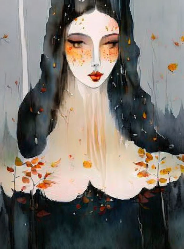 Illustration of woman with pale skin, black hair, red freckles, autumn leaves, and