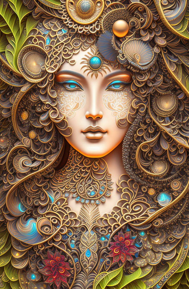 Detailed digital artwork of stylized female face with golden ornate patterns