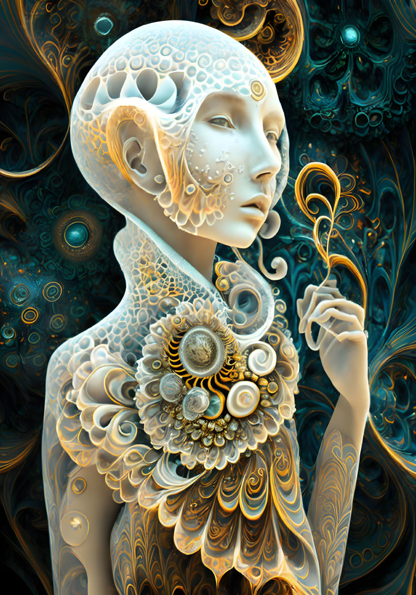 Digital artwork: Person with gold and teal fractal adornments holding swirling object