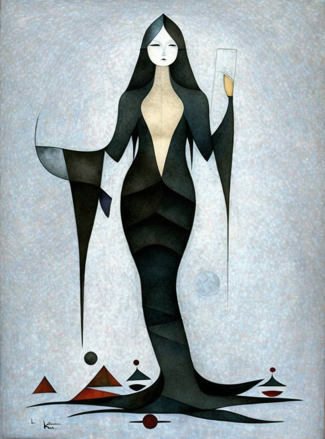 Stylized female figure in abstract painting with geometric shapes and muted colors