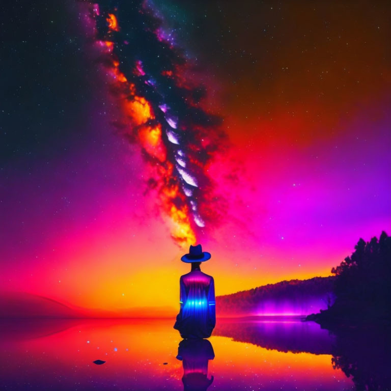 Colorful surreal landscape with figure and hat overlooking reflective lake.