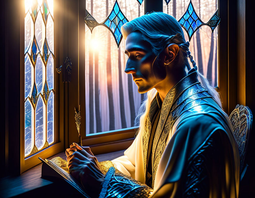 Blue-skinned elf in ornate robe writing by stained-glass window