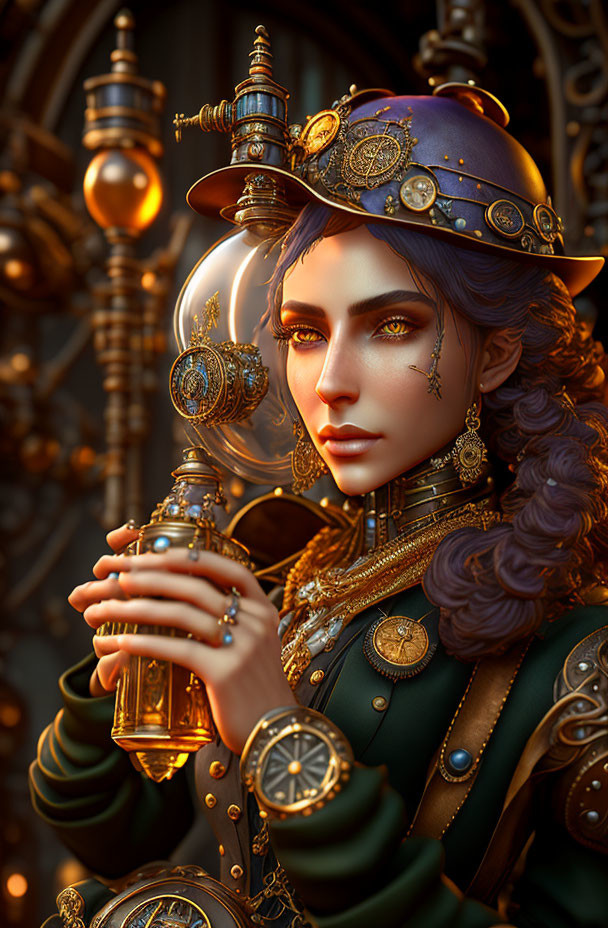 Steampunk-inspired portrait of woman with hat, goggles, vial, bronze gears.