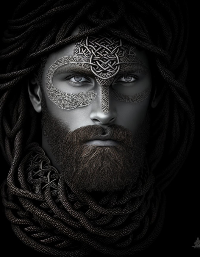 Monochromatic image of man with ornate face patterns and ropes