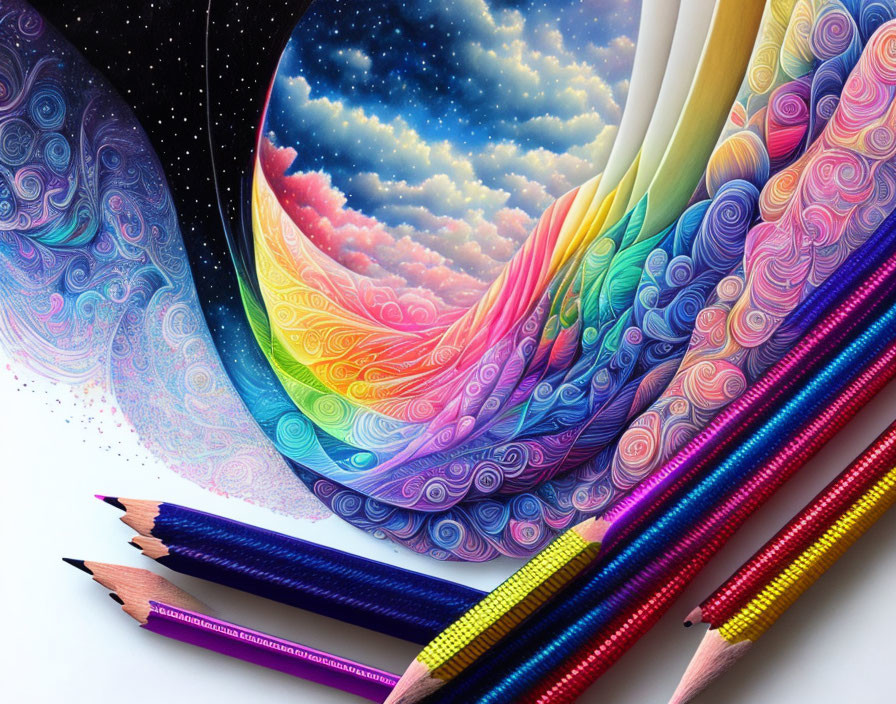 Colorful Cosmic Scene Drawing with Brightly Colored Pencils