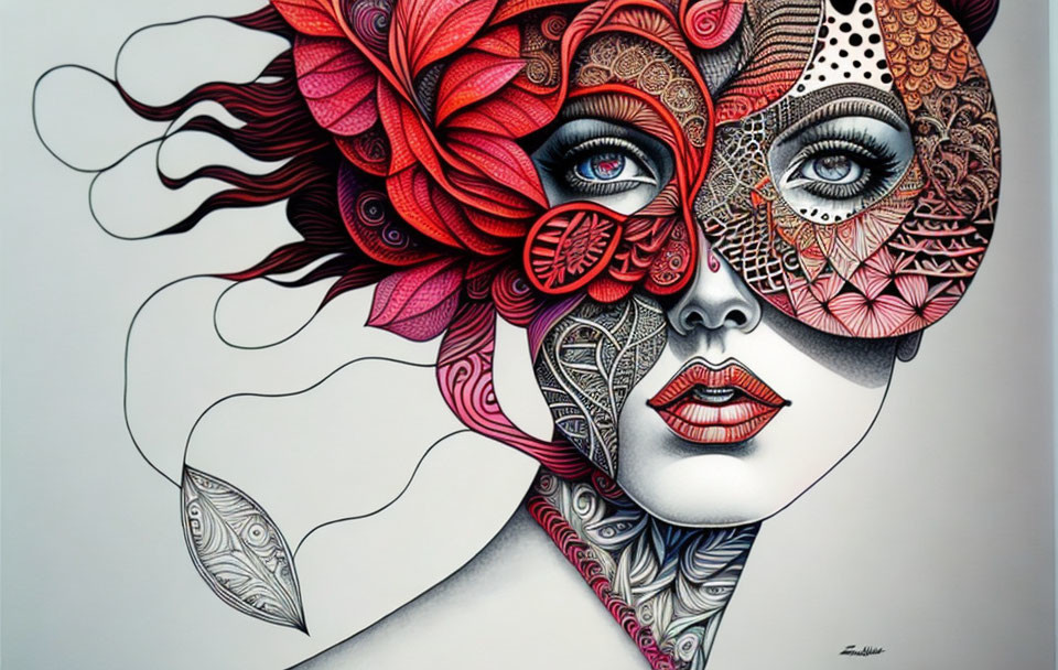 Detailed Woman's Face Illustration with Vibrant Red Accents