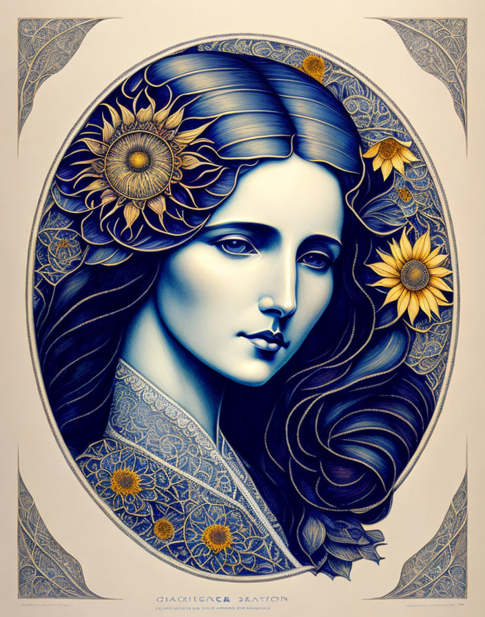 Woman with Flowing Hair and Sunflowers in Oval Frame