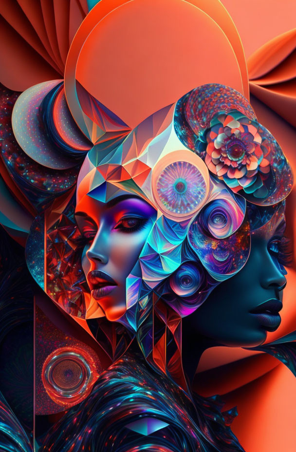 Colorful digital artwork featuring two stylized female figures with geometric and floral patterns in orange, blue,