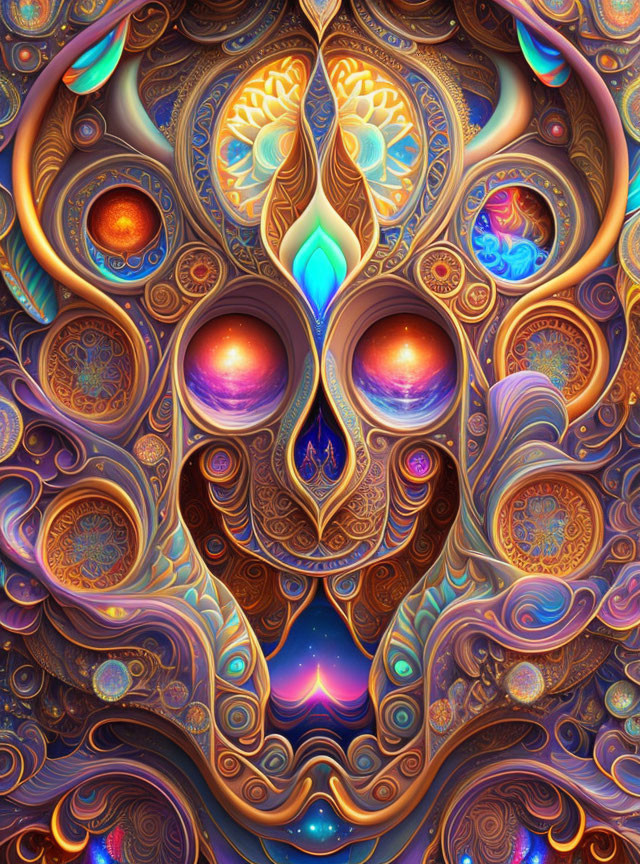 Symmetrical warm-hued fractal image with intricate patterns