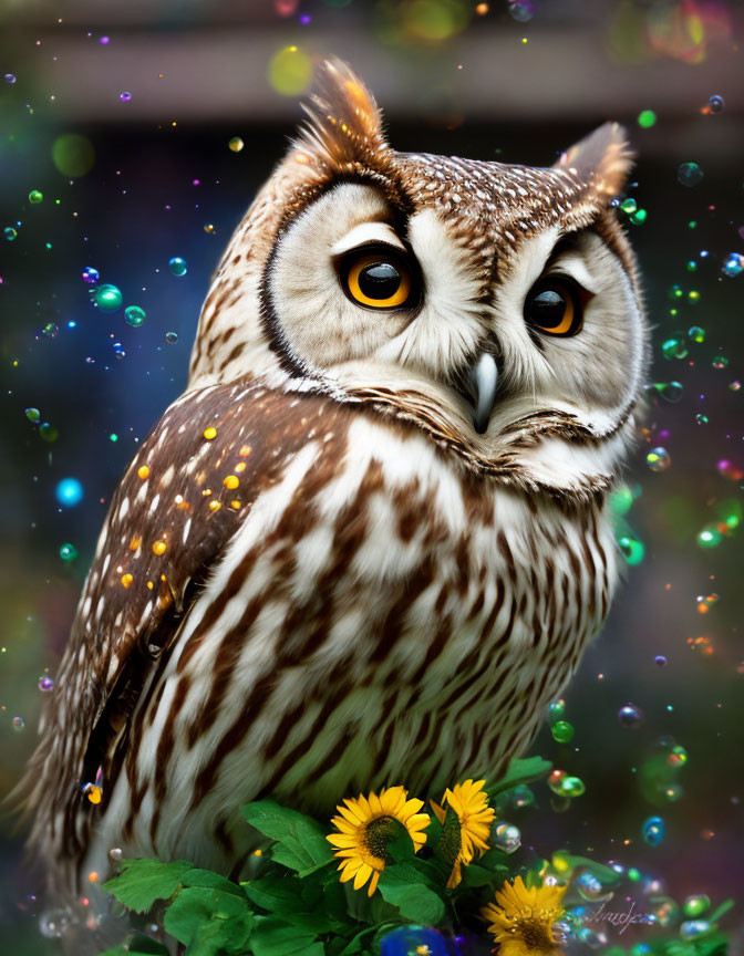 Brown and White Owl Illustration with Captivating Eyes and Colorful Background