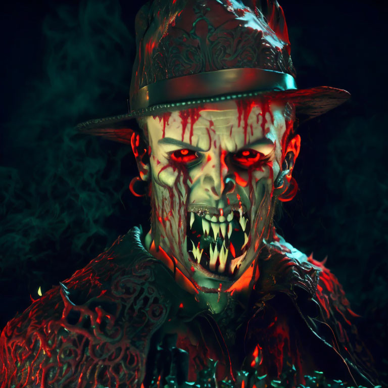 Sinister vampire clown with sharp teeth, blood, hat, green lighting, and smoke