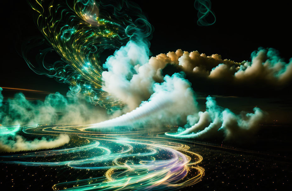 Digitally altered surreal nightscape with neon lights and swirling clouds