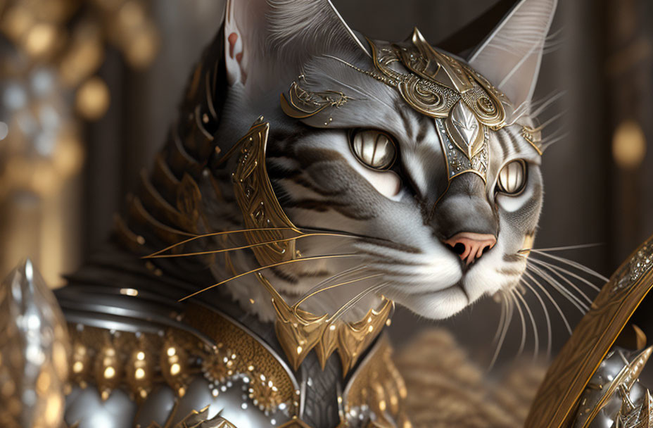 Regal cat with golden helmet and armor