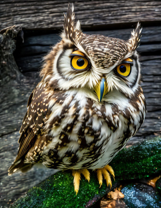 Brown and White Spotted Owl with Yellow Eyes on Green Surface