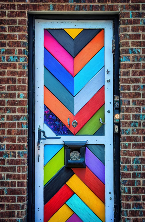 Vibrant chevron-patterned door in red brick wall