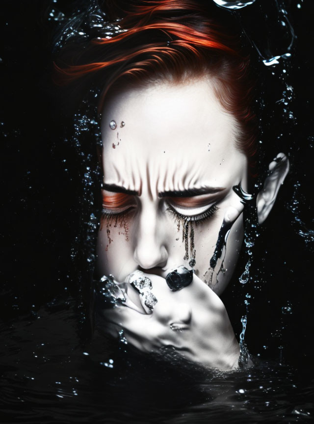 Red-haired person with striking makeup underwater, touching face, bubbles, dark background