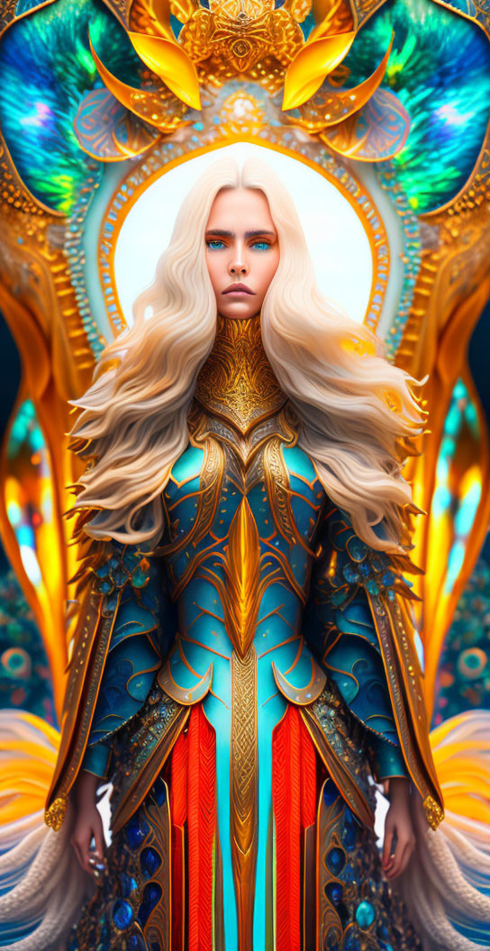 Blonde figure in ornate golden armor on peacock feather background