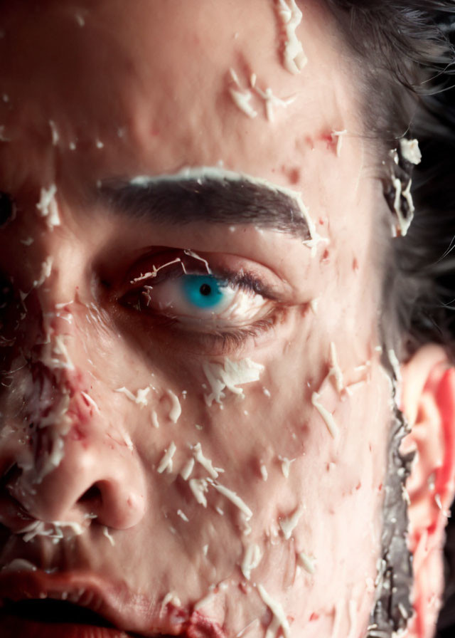 Detailed close-up of person's face with visible blue eye, covered in substance with shredded material adhered